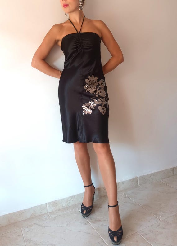 Vintage Womens Black Satin Mini Dress Size XS Black Satin Shiny Strapless  Sleeveless Slip Dress Night Party Evening Bis Dress Silver Flower