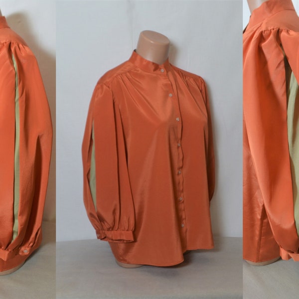Great Vintage Orange Blouse Size L/44 Bishop Long Sleeve Orange Shiny Shirt Puffy Long Sleeves Shirt Buttons Mock Neck Blouse 70's 80's