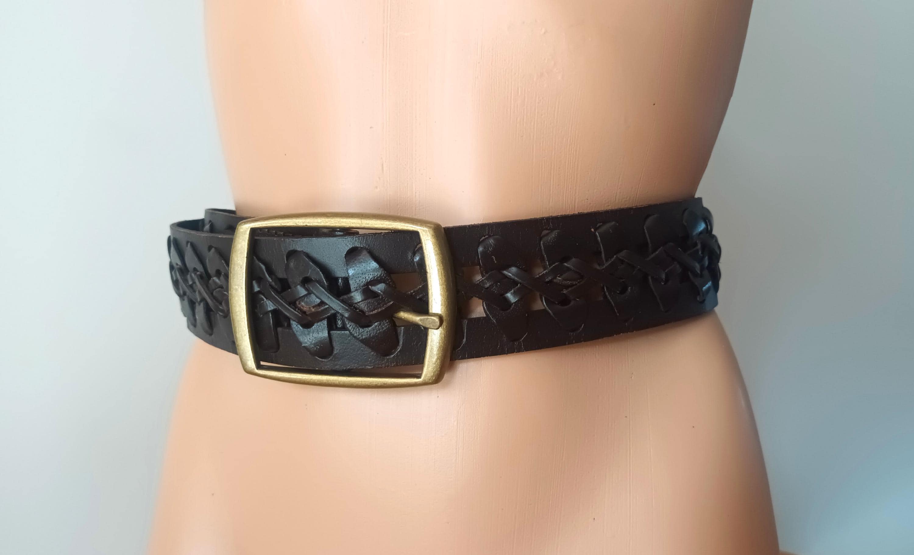 Vintage Women Brown Leather Belt Square Buckle Belt Dark  display picture 2