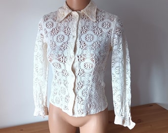 Vintage Women Cotton Lace See Through Shirt Size XXS Ecru Crochet Floral Light Blouse Cream Long Sleeve Top Buttons Boho Ivory Sheer Blouse