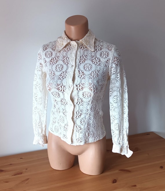 Vintage Women Cotton Lace See Through Shirt Size X