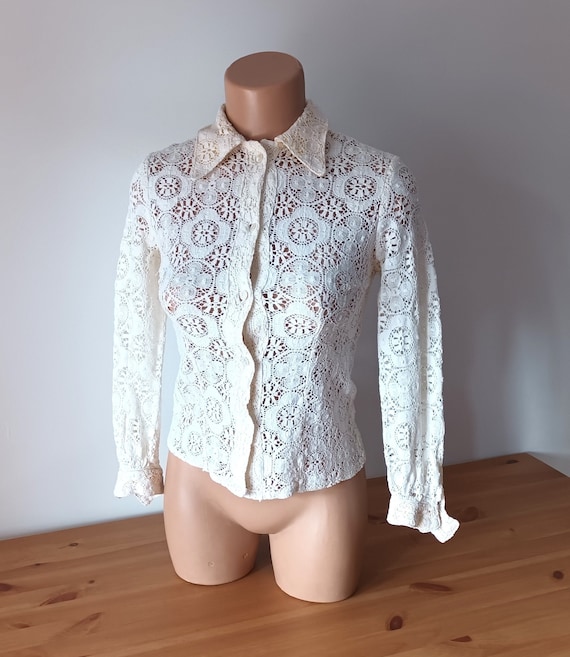 Vintage Women Cotton Lace See Through Shirt Size XXS Ecru