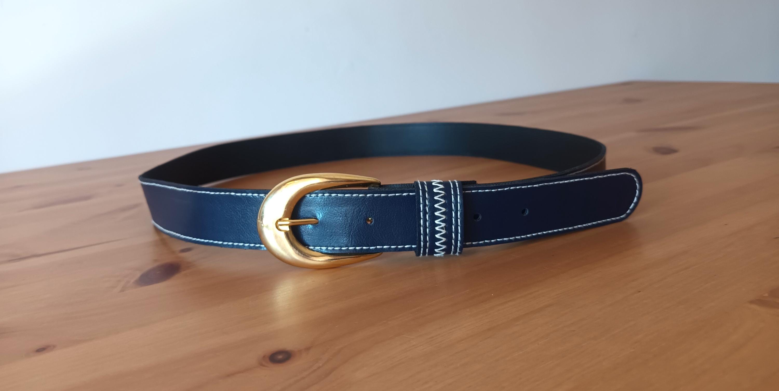 Vintage Navy Blue Wide Leather Statement Belt Gold Sculptural Buckle 90s Waist Vintage Women main image 3