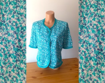 Vintage Women Blue Teal Knit Top Size L Turquoise Floral Blouse Buttons Short Sleeve Cotton Knit Jumper Jersey Floral Shirt Made in Italy