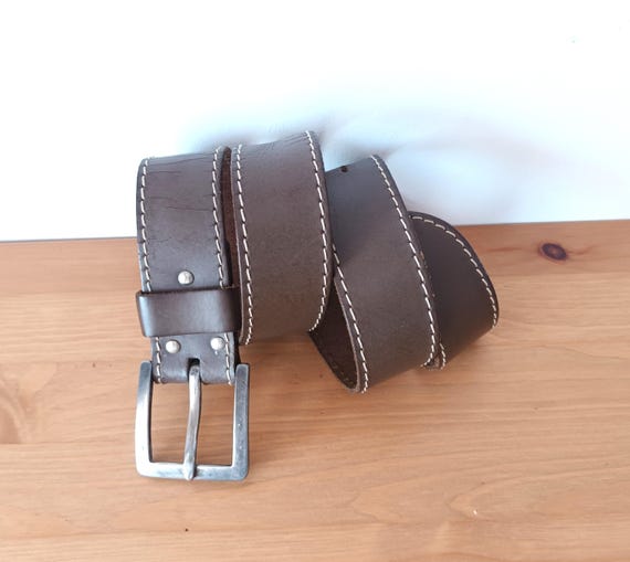 Vintage genuine leather brown belt stitches silver tone buckle size small Slick City Brown Belt | Full Grain Leather Dress Belt  main image 4