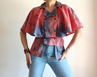 Vintage Damen Lila Orange Baumwoll Top Größe M Orange Lila Grün Floral Abstrakt Boho Fledermaus Bluse Kurzarm Made in Indonesien Shirt