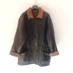 Vintage Mens Black Shearling Sheepskin Leather Jacket Size L/54 Black Leather Sheepskin Coat Winter Real Sherpa Black Men Suede Jacket Coat