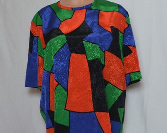 Vintage Women Red Blue Green Blouse Size L/XL Geometric Top Shiny Satin Colorblock Red Black Blue Made in W. Germany Short Sleeve Blouse