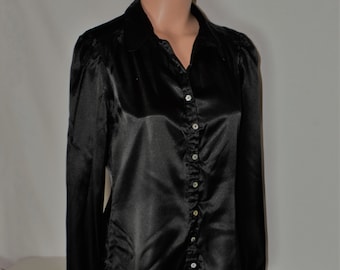 Vintage Women Black Satin Blouse Size XS/36 Solid Black Blouse Long Sleeve Satin Shine Shirt Y2K Style Blouse Collared Button Satin Blouse