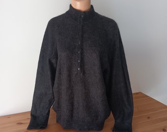 Vintage Women Dark Gray Mohair Sweater Size M Charcoal Stand Collar Knit Sweater Mohair Pullover Knit Wool Sweater Long Sleeves Warm Top