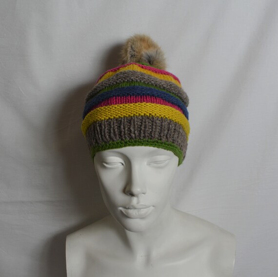 Vintage Kids Knitted Wool Rainbow Beanie with Fur… - image 5