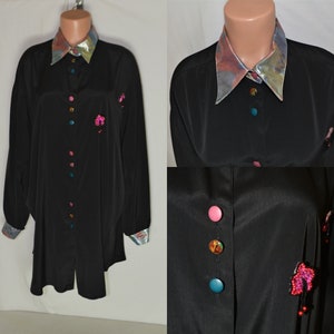 Vintage Women Long Black Shirt Size XL/46 Black Silver Fuchsia Long Shirt Blouse Multicolored Buttons Decorated Beaded Embroidered Shirt
