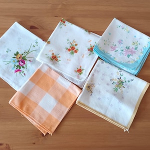 Set of Five 5 Vintage Cotton Handkerchiefs Square Multicolored Floral Hankies Retro Granny Hankies Pocket Handkerchiefs Collectable Hankies