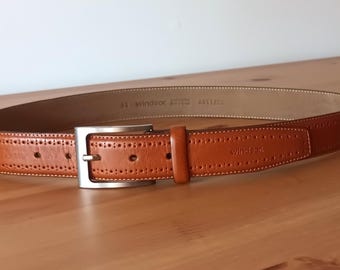 Vintage Men's Cognac Brown Leather Belt Camel Brown Solid Casual Leather Belt Silver Tone Square Buckle Leather Belt Made in Austria Belt