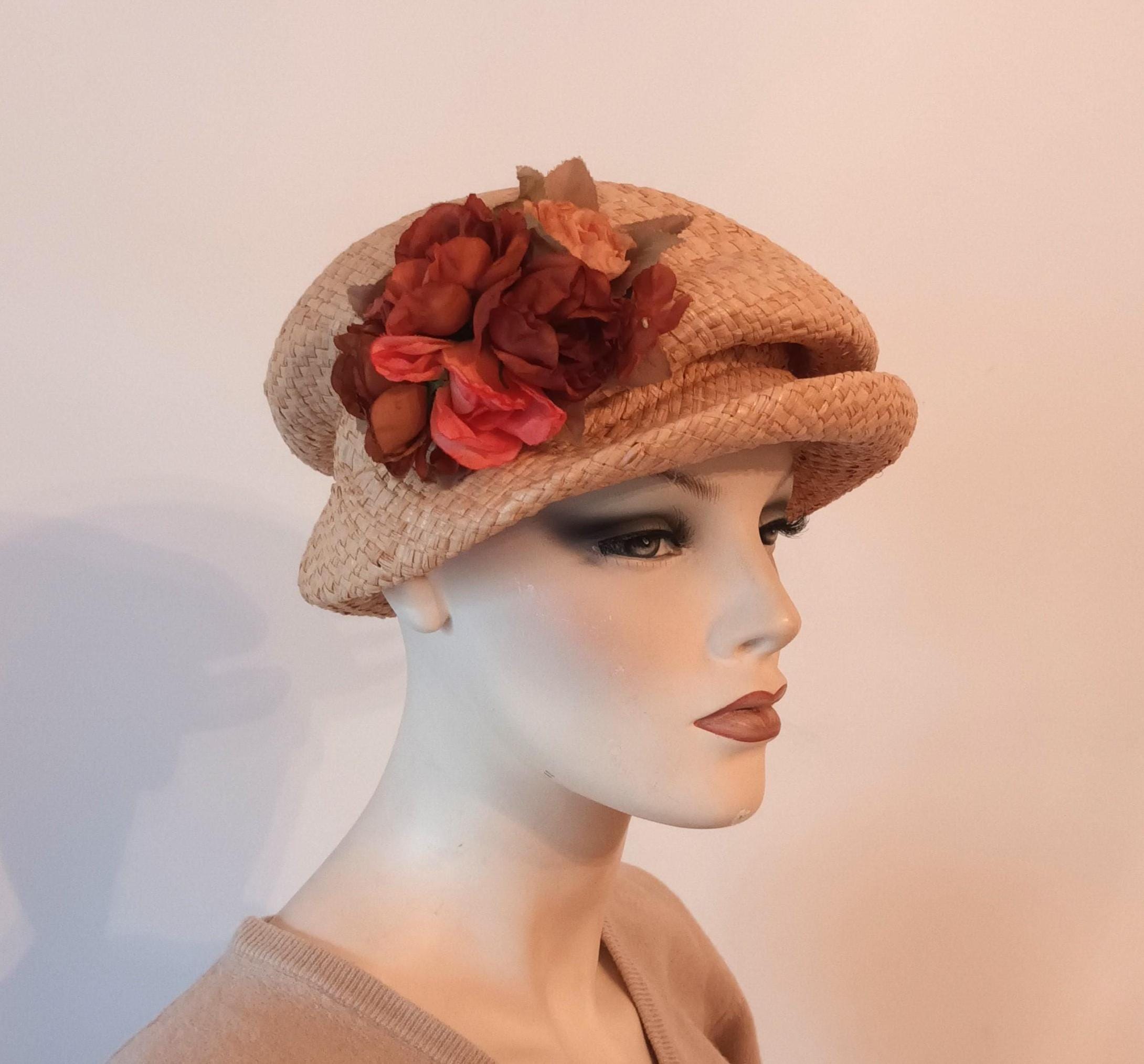 Vintage Cream & Brown Straw Cloche Hat Great Gatsby cloche hat in cream with art deco print  main image 2