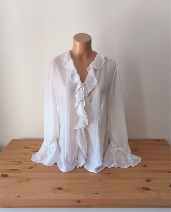 Vintage Women White Ruffle Sheer Blouse Shirt Size
