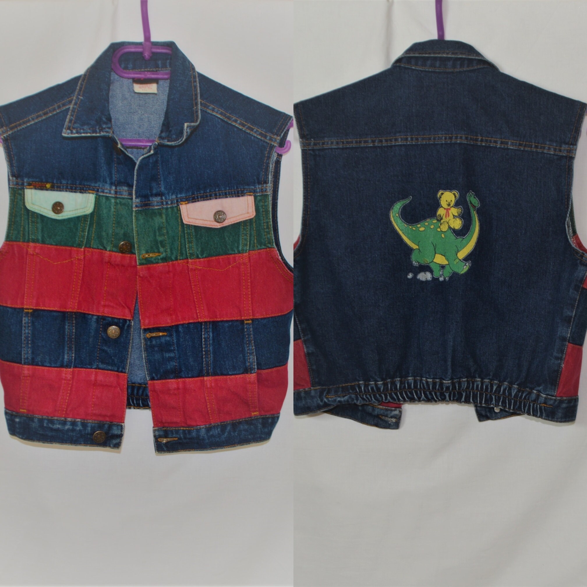 Jinglers Vintage Boys Denim Vest Size 5-6 y.o. 116 cm Striped Denim Vest Red Blue Green Waiscoat Fade Out Denim Gilet Dragon Bear Print