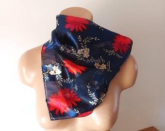 Vintage Dark Blue Red Semi Satin Floral Bandana Red Flowers Semi Sheer Bandana Floral Neckerchief Blue Red Beige Neck Scarf Floral Kerchief