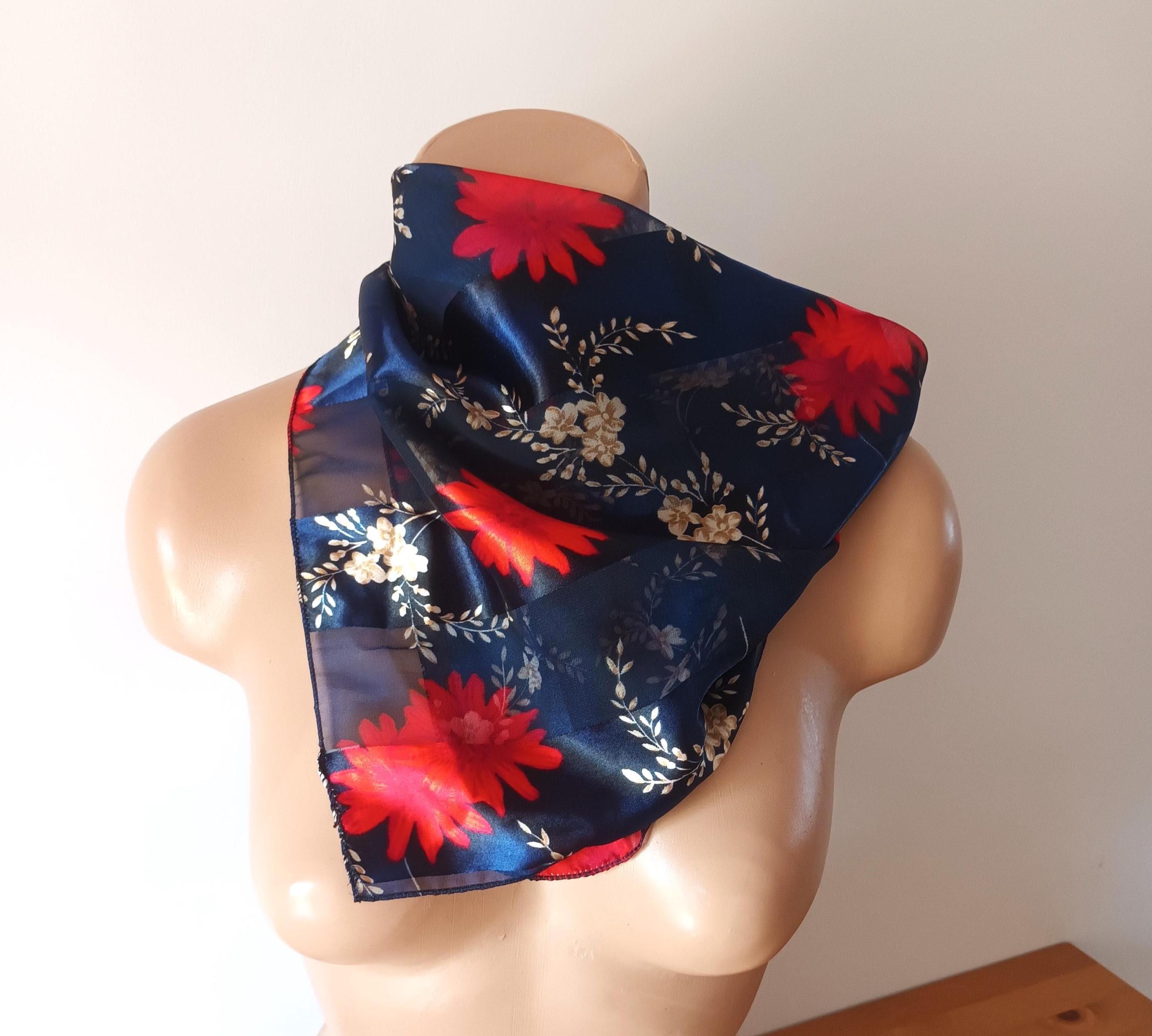 Vintage Dark Blue Red Semi Satin Floral Bandana Red Flowers Semi