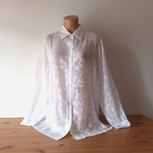 Vintage Women White Semi Sheer Blouse Size L/44 White See Through Blouse Long Sleeve Buttons Floral Sheer Sexy Mesh Collared Layer Shirt