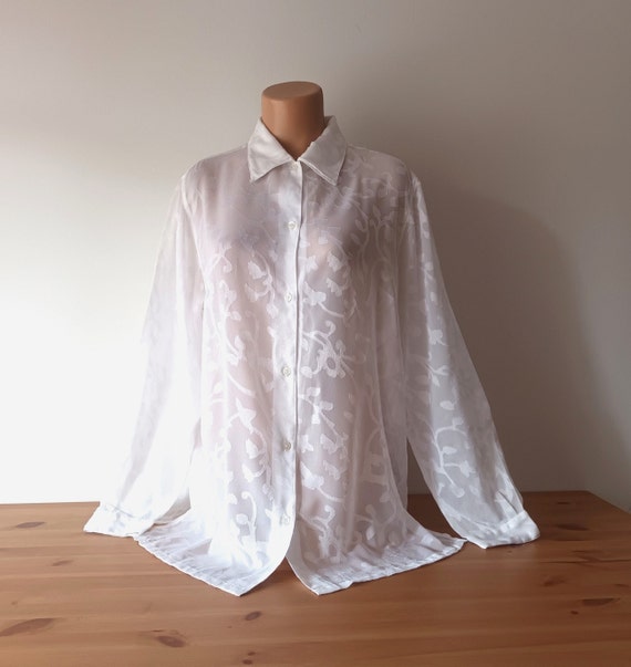 Vintage Women White Semi Sheer Blouse Size L/44 White See Through 