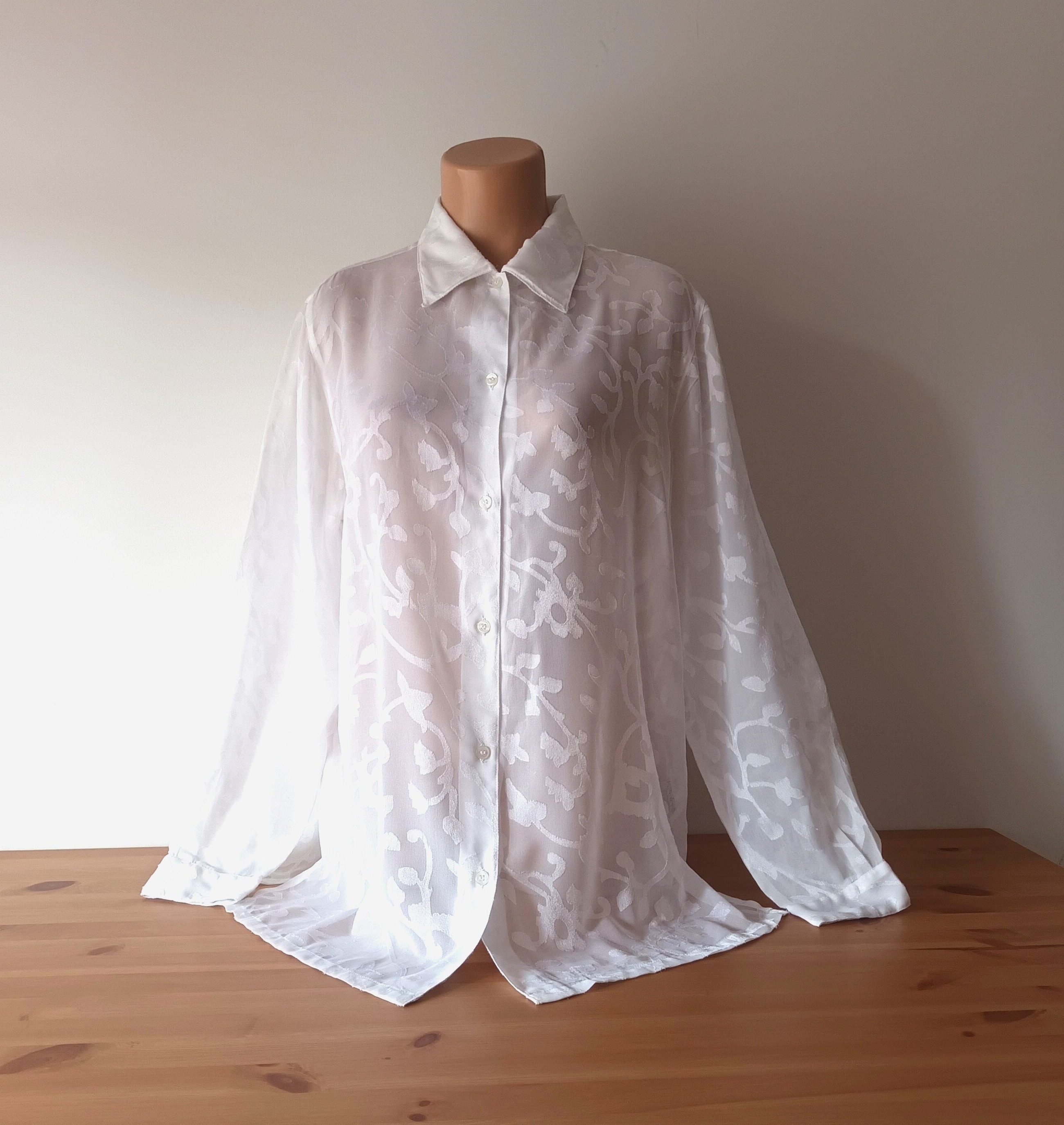 Vintage Women White Semi Sheer Blouse Size L/44 White See