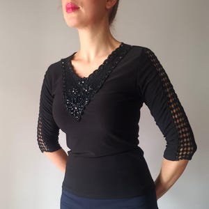 Vintage Black Embroidered Top Size XS Black Stretch Beaded Blouse 00&#39;s Top Half Sequined Sleeve Embellished V-Neck Stretchy Top Sheer Sleeve