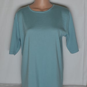 Vintage Frauen Merino Wolle Top Blau Türkis Blau Strick Bluse Größe L / 44 Strickpullover Extrafeine Merino Wolle Kurzarm Blauer Wollpullover