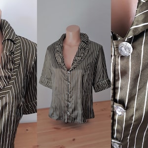 Vintage Women Satin Green Khaki Blouse Size L Green Satin Striped Shirt Short Sleeve Collared Shiny Green Blouse Button Y2K Style Blouse