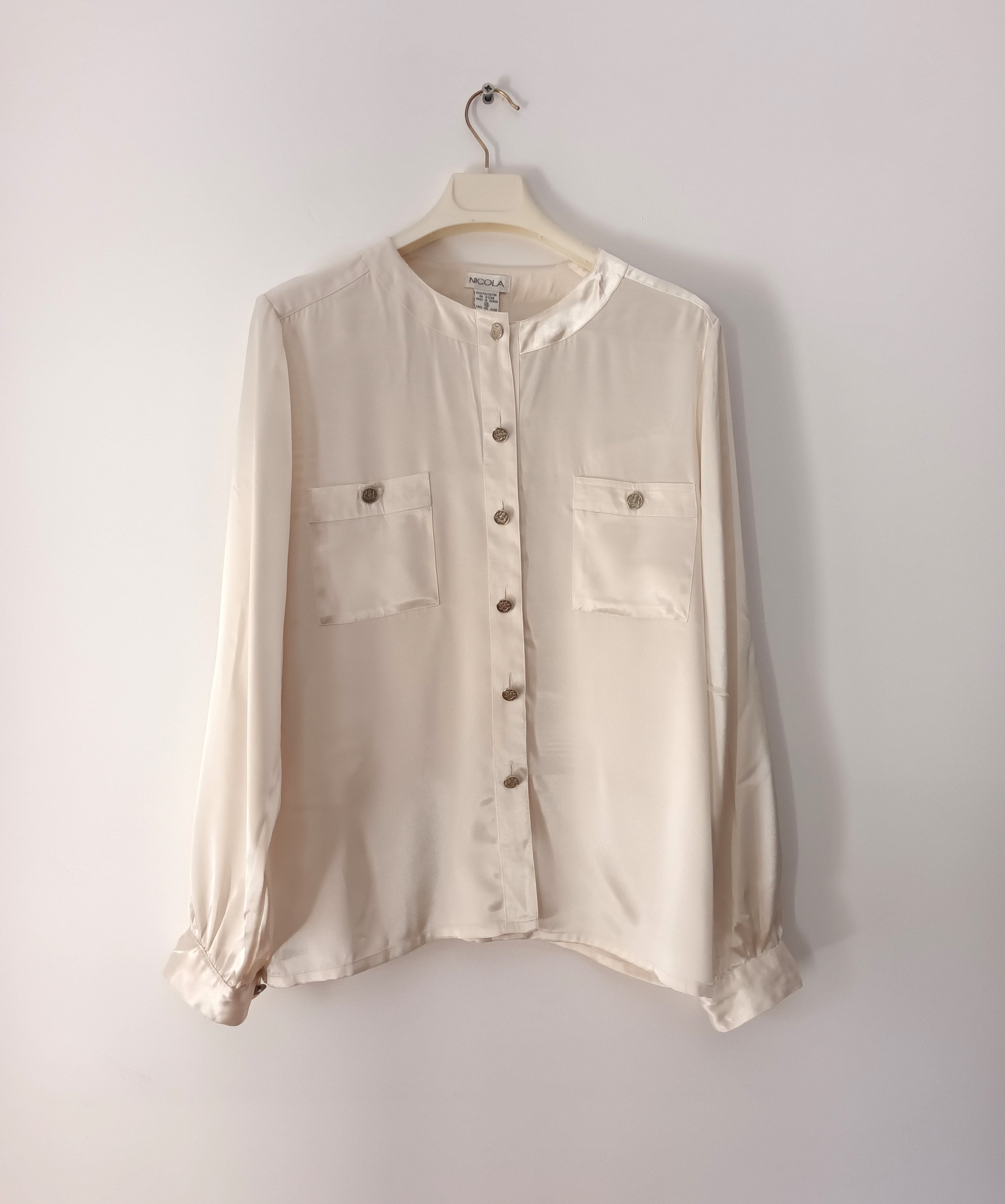 Vintage Women Cream Satin Blouse Size M Ecru Satin Shirt Long