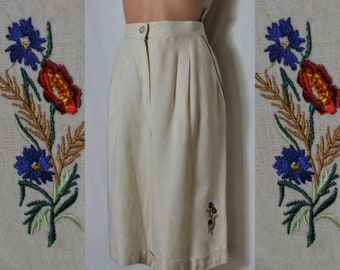 Vintage Women Dirndl Shorts Size L/42 Light Beige Linen Bermuda Shorts Embroidered High Rise Shorts Trachten Shorts Knee Length Shorts Linen