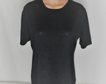 Vintage Women Black Silk Blend Top Size M Black Silver Short Sleeve Knitted Silk Top T-Shirt Lurex Silk Blouse Black Silk Top Minimalist