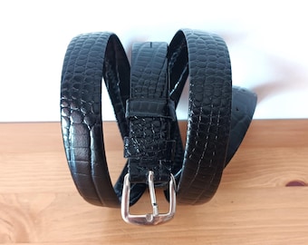 Vintage Men's Black Crocodile Leather Belt Long Plus Size Silver Tone Square Buckle Croco Leather Black Casual Croc Leather Black Thin Belt