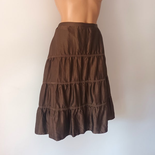 Vintage Women Brown Silk Skirt Size L/42 Midi Solid A-Line Knee Length Skirt Khaki Brown Silk Summer Hip Pleat Skirt Brown Silk Godet Skirt