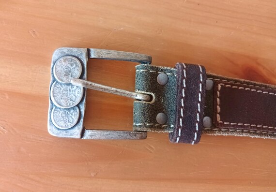 Vintage Women Brown Leather Belt Silver Metal Coins Details  display picture 2