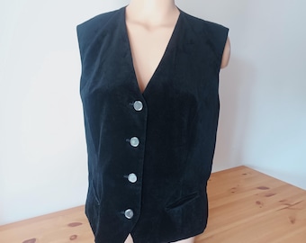 Vintage dames zwart velours vest maat L katoenen velours mouwloos vest zwart fluwelen gilet button down zwart satijnen vest retro effen vest