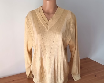Vintage Women Gold Lurex Top Size M/40 Gold Wool V Neck Long Sleeve Knit Lurex Sweater Gold 90s Wool Top Shiny Gold Pullover Gold Lurex Top