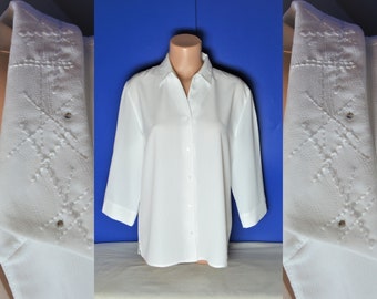 Vintage Women White Shirt Blouse Size M Rhinestones Embroidered Collar White 90's Blouse 3/4 Sleeve Retro White Blouse Minimalist Shirt
