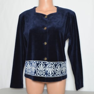 Vintage Women's Navy Blue Velour Buttoned Top Size M/L Dark Blue White Velvet Jacket Long Sleeve Velour Blazer Velvet Pyjama Home Top