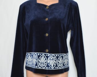 Vintage Women's Navy Blue Velour Buttoned Top Size M/L Dark Blue White Velvet Jacket Long Sleeve Velour Blazer Velvet Pyjama Home Top