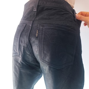 ヴィンテージ レディース ブラック レザーパンツ サイズ XXS/XS/30 ブラック ハイウエスト ストレート スキニーパンツ ヌバック マットレザー モトポロ トラウザー バイカーパンツ