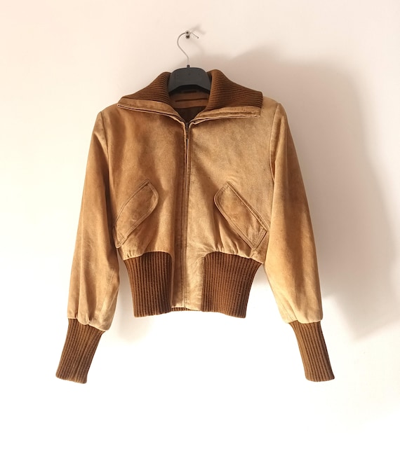Vintage Women's Beige Suede Leather Jacket Size XS Short Beige