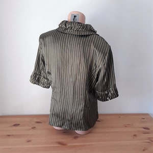 Vintage Women Satin Green Khaki Blouse Size L Green Satin Striped Shirt Short Sleeve Collared Shiny Green Blouse Button Y2K Style Blouse image 7