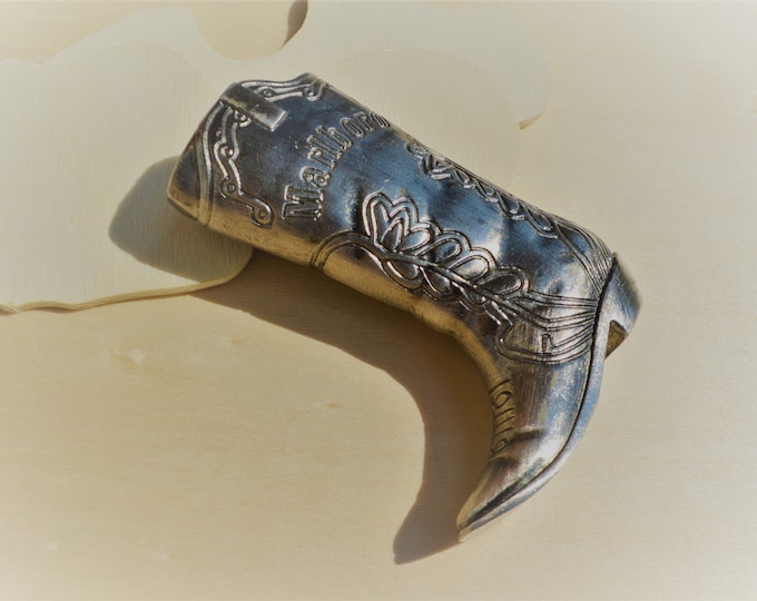 Vintage RARE MARLBORO Metal Cowboy Boot Lighter Case Holder Mini Bic