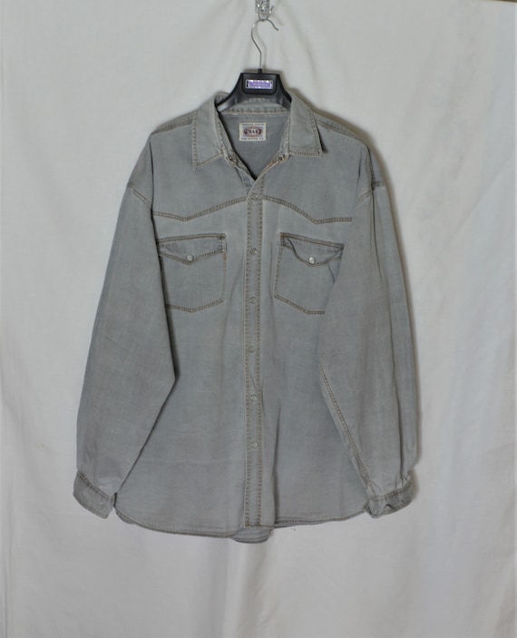 Chemise vintage en coton grise pour homme WHAK'S, taille XL/XXL, chemise à boutons-pression à manches longues, col, chemise unie grise, poches poitrine, chemise en jean grise rétro - France