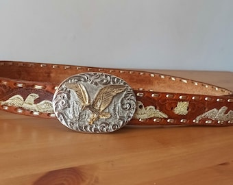 Vintage Brown Leather Belt: Eagle & American Flag Buckle  display picture 1