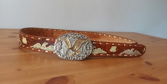 Western Style Tooled Leather Belt With Silver Eagle Buckle Vintage Tooled Leather Eagle Belt: Hand-painted Western  main image 4