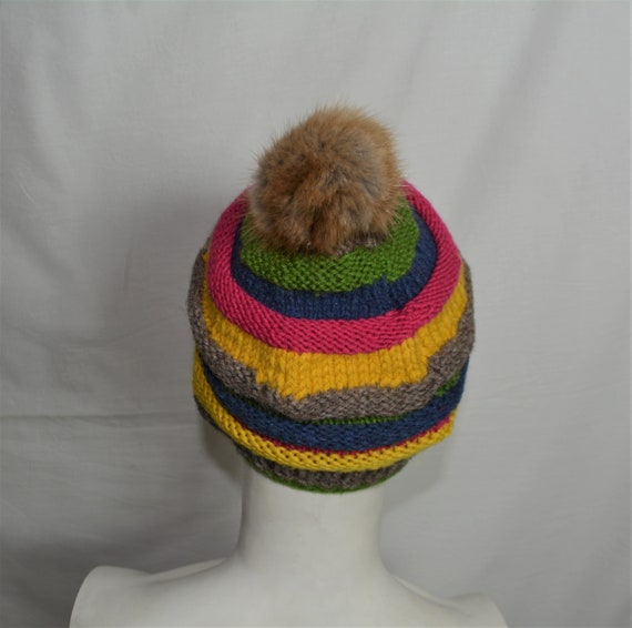 Vintage Kids Knitted Wool Rainbow Beanie with Fur… - image 6