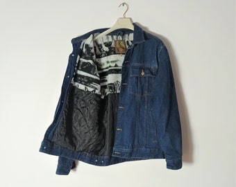 Vintage Mens Blue Denim Quilted Trucker Jacket Size L Fleece Lined Denim Oversized Jacket Dark Wash Jean 90s Warm Thick Jacket Denim Bomber