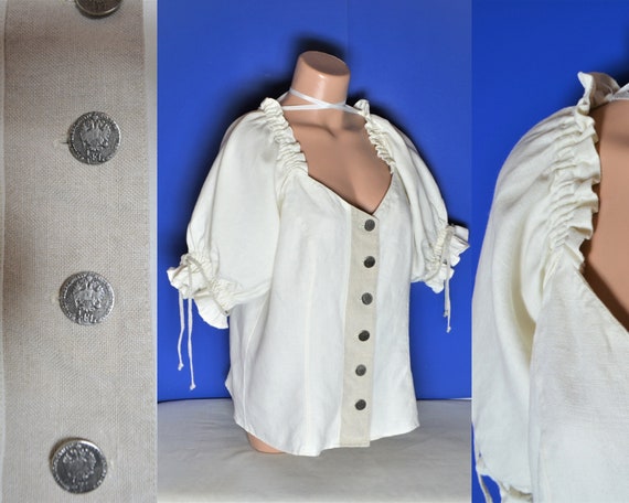 Vintage Women Linen Blouse Size L Off White Dirnd… - image 1